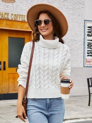 White cable-knit turtleneck sweater with a choker detail, acrylic material.
