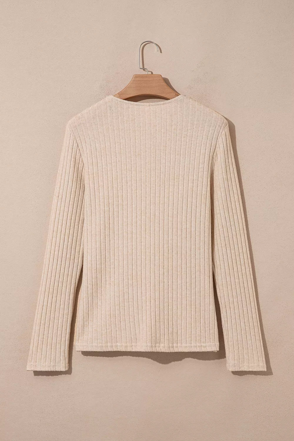 Ribbed Cowl Neck Long Sleeve Top in Khaki, fit detail