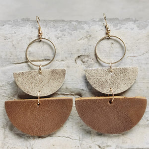 Textured leather & metallic half-moon earrings in caramel and white with gold hoops.