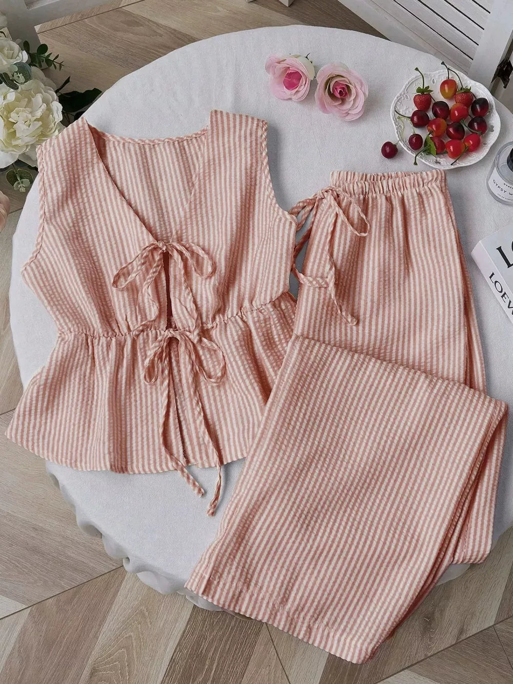 Striped Tie-front Sleeveless Top And Pants Set, editorial view