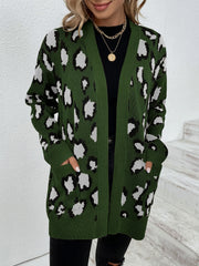 Army green knit open-front cardigan with black and white leopard print and pockets.