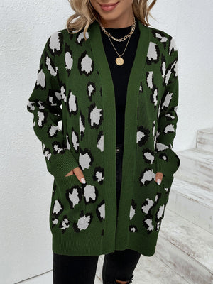 Army green knit open-front cardigan with black and white leopard print and pockets.