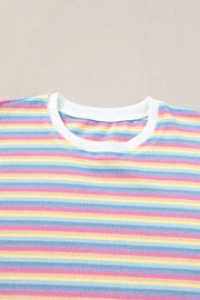 Rainbow stripe cotton jumpsuit with crew neck and ribbed texture