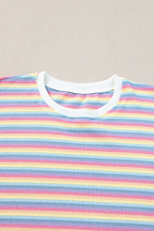 Rainbow stripe cotton jumpsuit with crew neck and ribbed texture