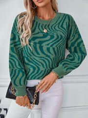 Dark green wavy knit crewneck sweater with a graphic pattern, crew neck, and long sleeves.