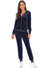 Dark Navy velvet loungewear set with zip-up hoodie and drawstring pants.
