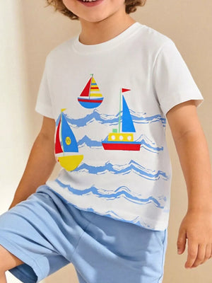 Toddler cotton t-shirt, white with nautical sailboat print.