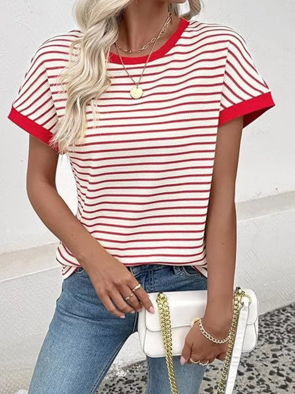 Classic Striped Crew Neck T-shirt in Dark Gray, product detail