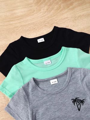 Boys' 4-piece baby set with black, mint green, and grey t-shirts, one with palm tree graphic.