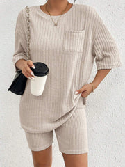 Relaxed ribbed lounge set in Dust Storm with crew neck, short sleeves, chest pocket, and biker shorts.