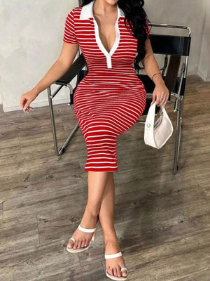 Red and white striped polo midi dress with button detail and short sleeves.