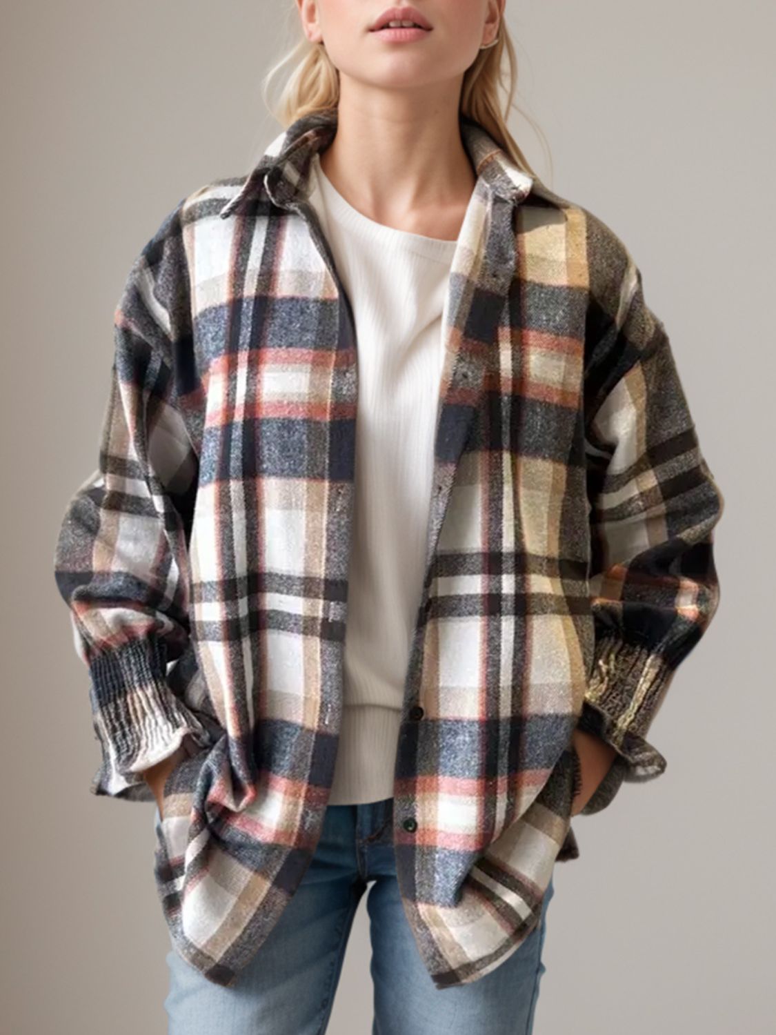 Textured plaid shacket with ribbed cuffs, multicolor plaid pattern, buttoned front, collared neckline.