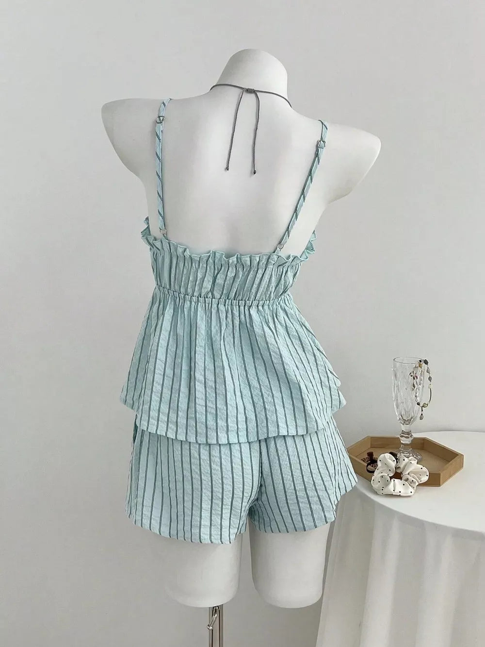 Tie Front Striped Cami And Shorts Set, back view