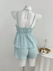 Tie Front Striped Cami And Shorts Set, back view