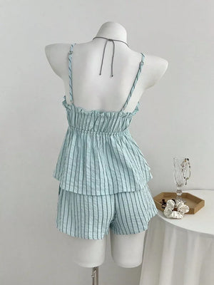 Tie Front Striped Cami And Shorts Set, back view