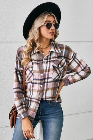 Soft plaid overshirt in blush pink with button-front and patch pockets.