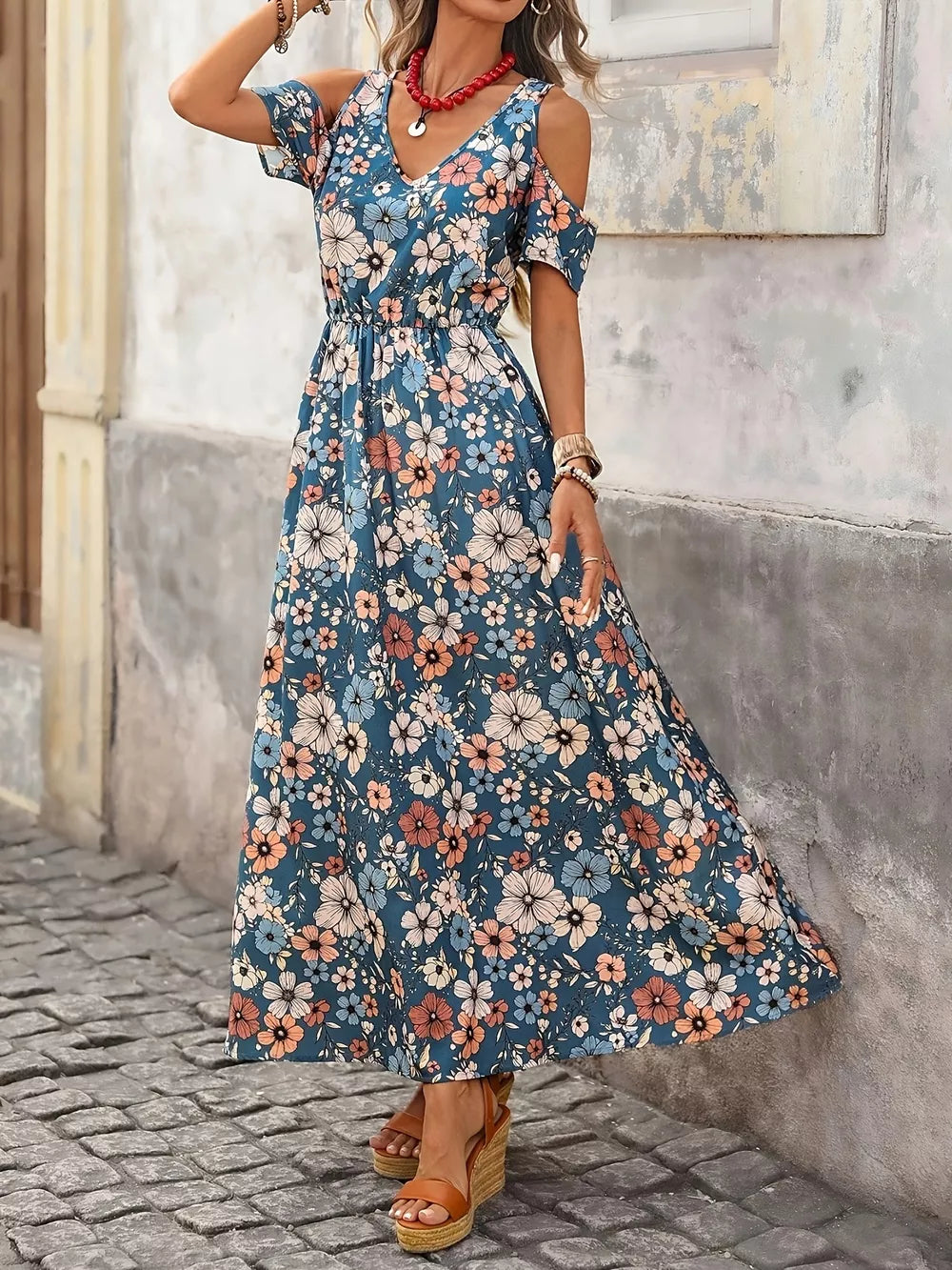 Cold Shoulder Floral Print Maxi Dress in Black, alternate angle