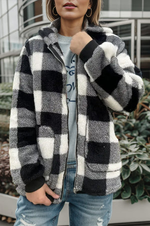 Sherpa zip-up jacket with black and white buffalo check pattern and hood.