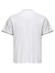 Men's Notched Short Sleeve Henley Top in White, close-up detail