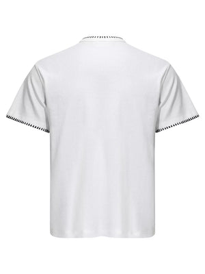 Men's Notched Short Sleeve Henley Top in White, close-up detail