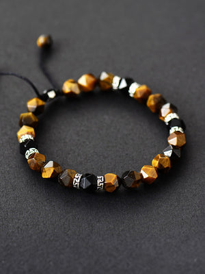 Adjustable caramel and black agate bead bracelet with silver accents
