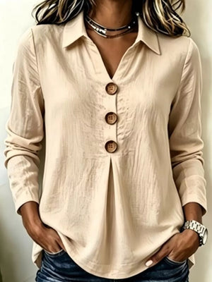 Button Detail Long Sleeve Blouse in Light Blue, front view