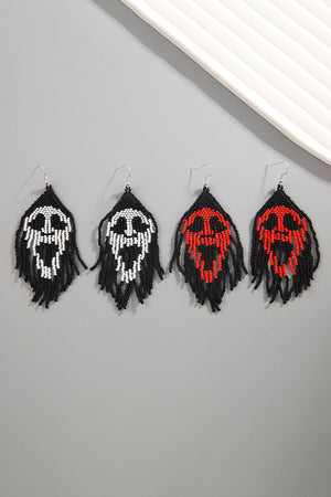Beaded skull fringe earrings in black with white or red skull detail.