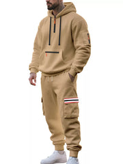 Men's Casual Half-zip Hoodie And Cargo Pants Set in Navy Blue, close-up detail