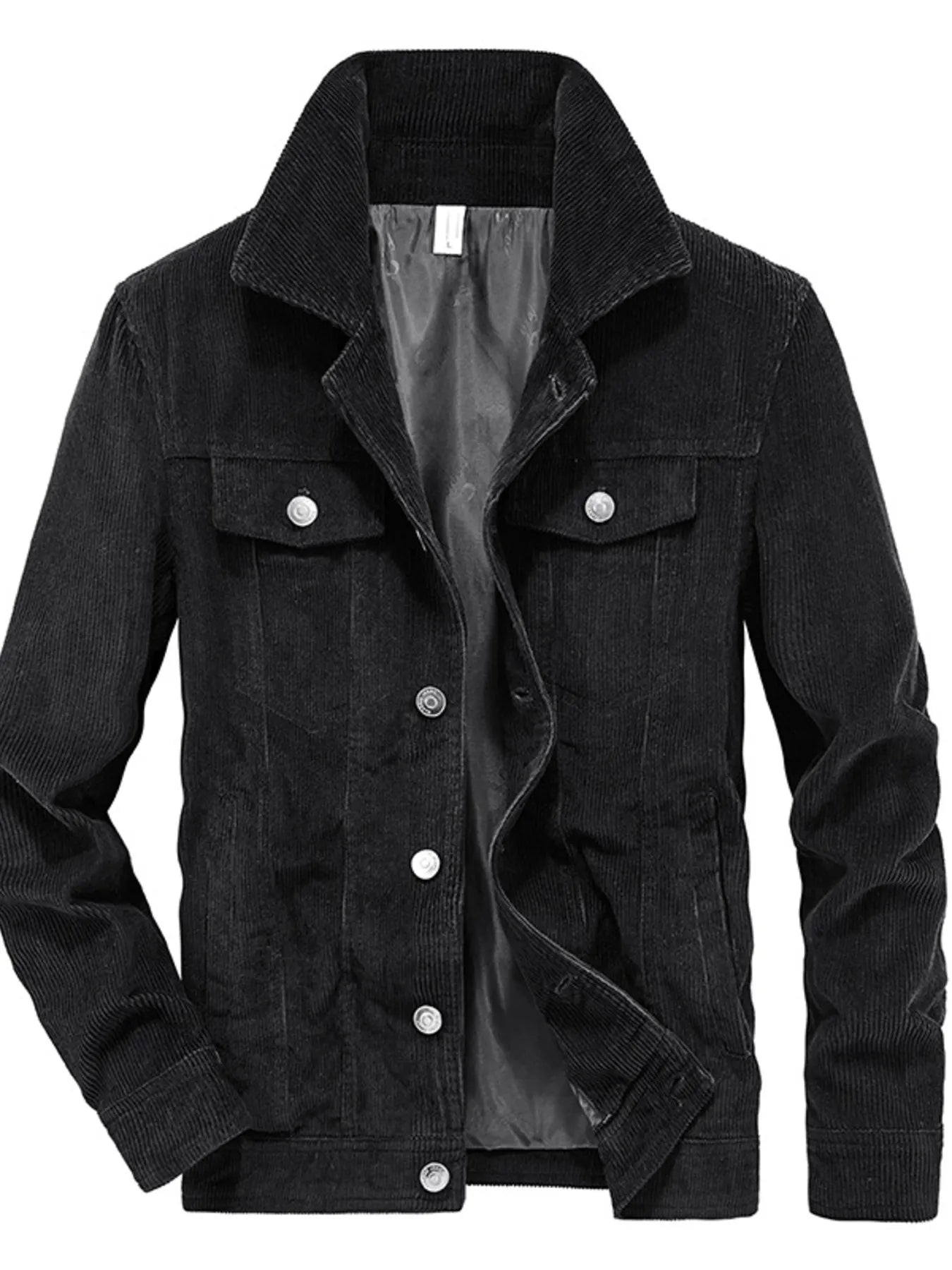 Black corduroy button-down jacket with chest pockets and silver buttons
