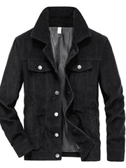Black corduroy button-down jacket with chest pockets and silver buttons