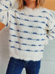 Textured stripe crew neck sweater in white with blue accents, fuzzy knit acrylic.