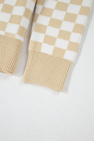 Tan and white checkerboard knit polo sweater with ribbed cuffs and hem.