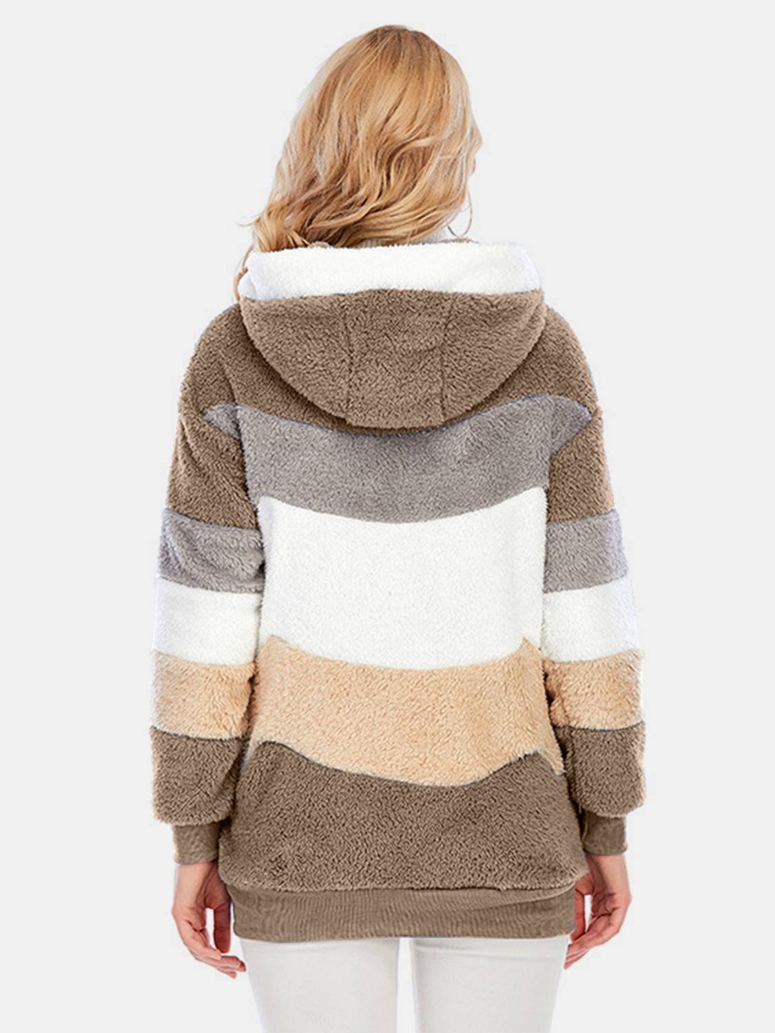 Teddy fleece hoodie with horizontal color blocks in brown, grey, white, and tan.