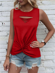 Scarlet slit detail knot tank top with ripped neckline detail