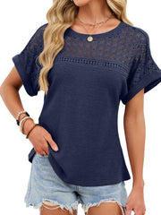Navy blue waffle knit t-shirt with eyelet detail on yoke and sleeves.