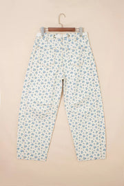 Grommet Knot Waist Floral Barrel Leg Jeans, model styling view