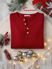 Red long-sleeve knit top with button detail