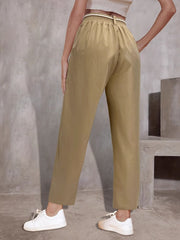 Khaki drawstring waist wide-leg trousers with a belted detail.
