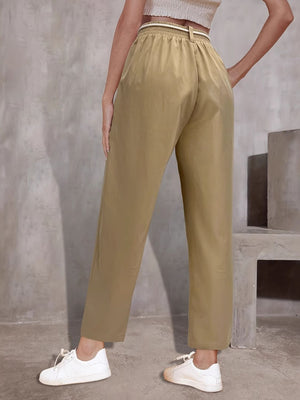 Khaki drawstring waist wide-leg trousers with a belted detail.