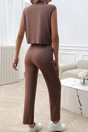 Brown ribbed knit cropped lounge set with sleeveless top and wide-leg pants.