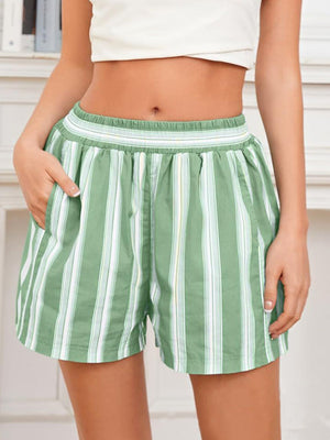 Light Green striped shorts with elastic waistband and pockets.