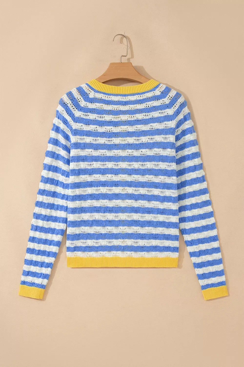 Button-down V-neck Knit Long-sleeve Top in Light Blue, fit detail