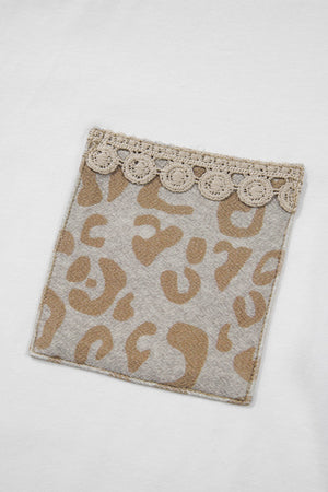 White cotton t-shirt with leopard print pocket and crochet trim detail.