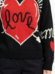 Heart Round Neck Ribbed Sweater in Pink, fabric detail