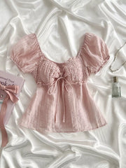 Sweetheart Neck Puff Sleeve Smocked Blouse, close-up detail