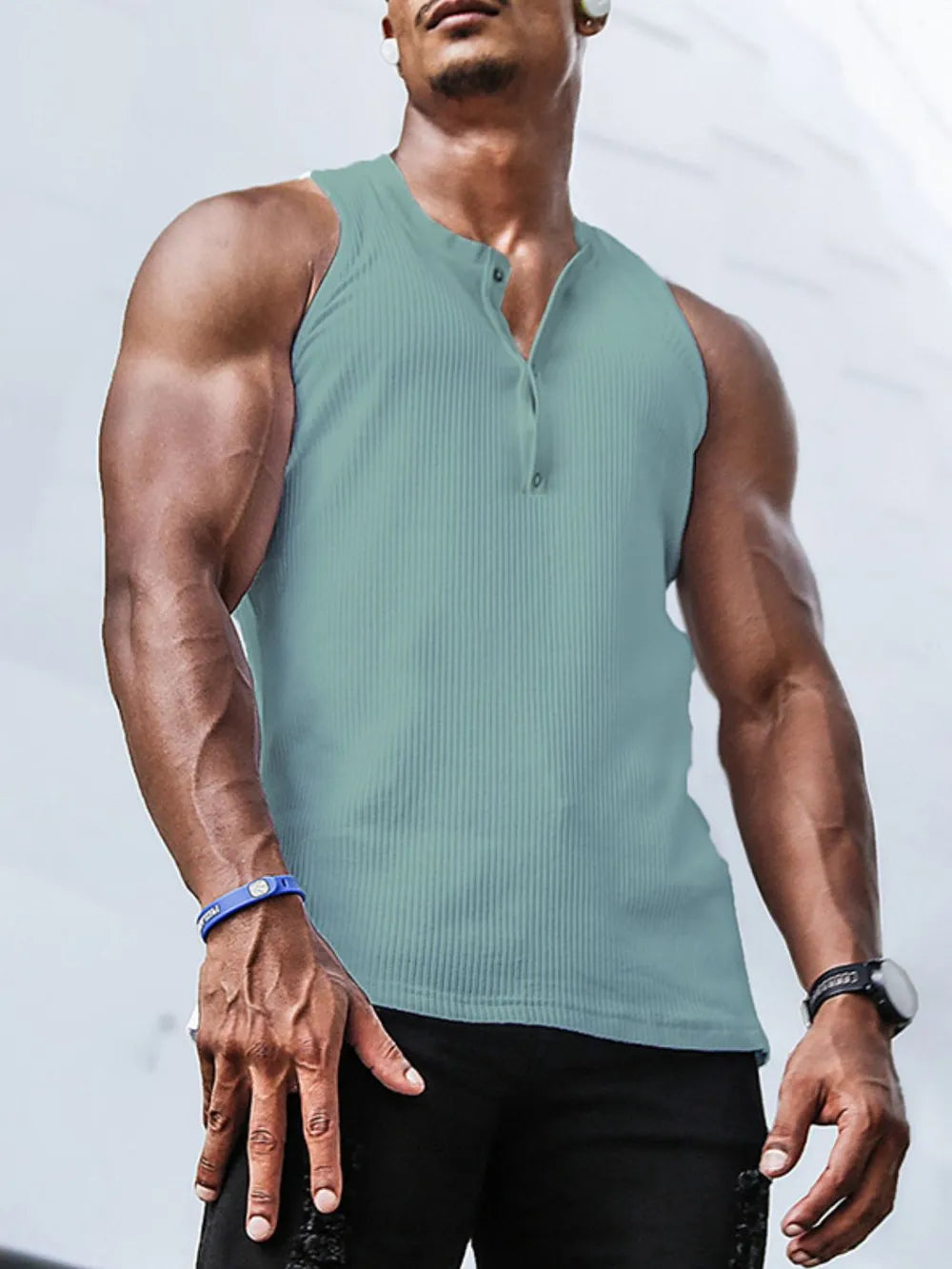 Ribbed Henley tank top in Air Force Blue with button detail and sleeveless cut.
