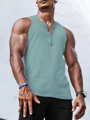 Ribbed Henley tank top in Air Force Blue with button detail and sleeveless cut.