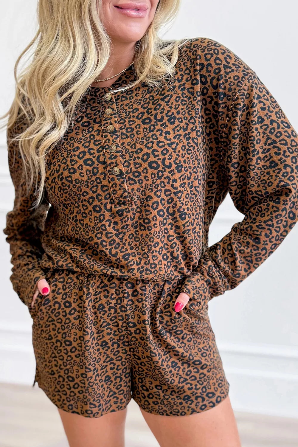 Leopard Print Long Sleeve Henley Top & Shorts Set in Coffee Brown, close-up detail