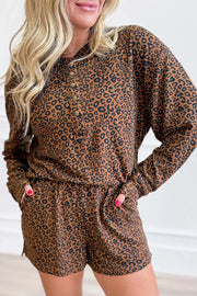 Leopard Print Long Sleeve Henley Top & Shorts Set in Coffee Brown, close-up detail