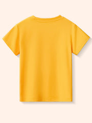 Yellow crew neck toddler t-shirt with short sleeves and a cartoon graphic on the front.